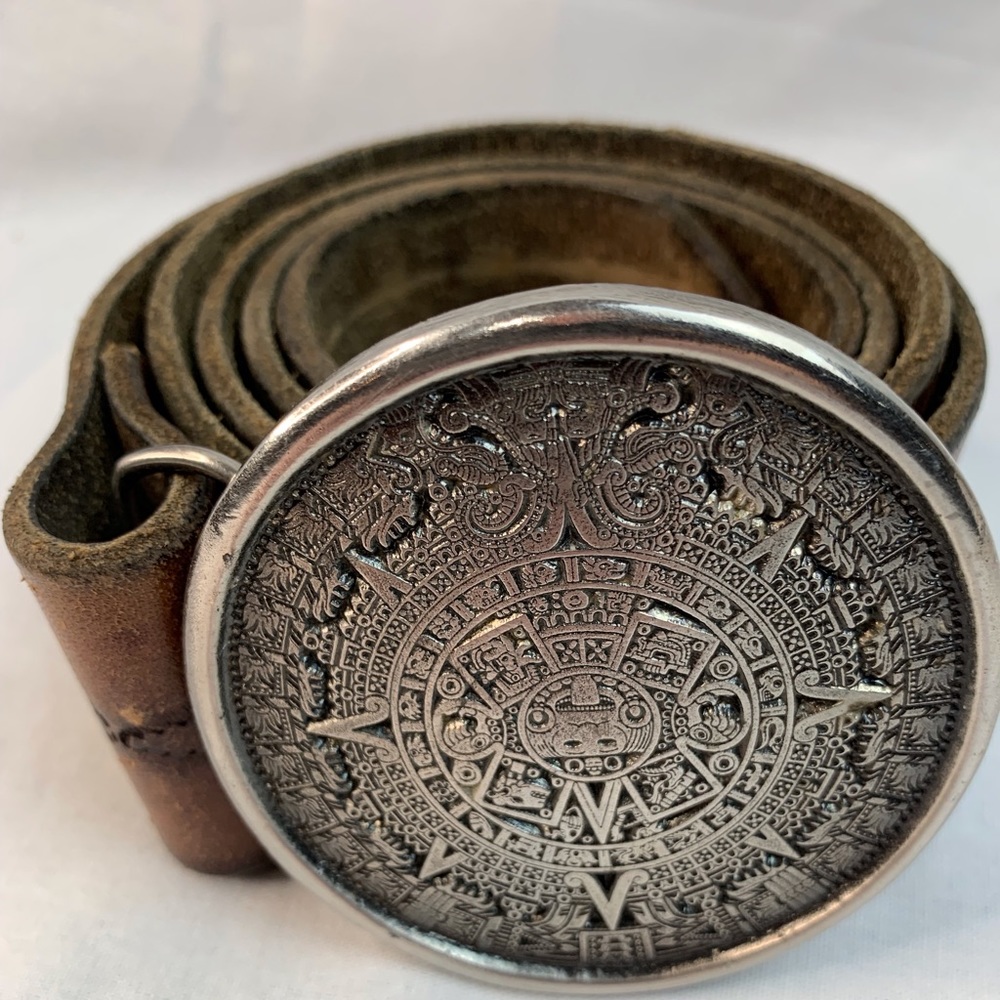 Vintage genuine leather belt w/ Mayan Aztec Buckle